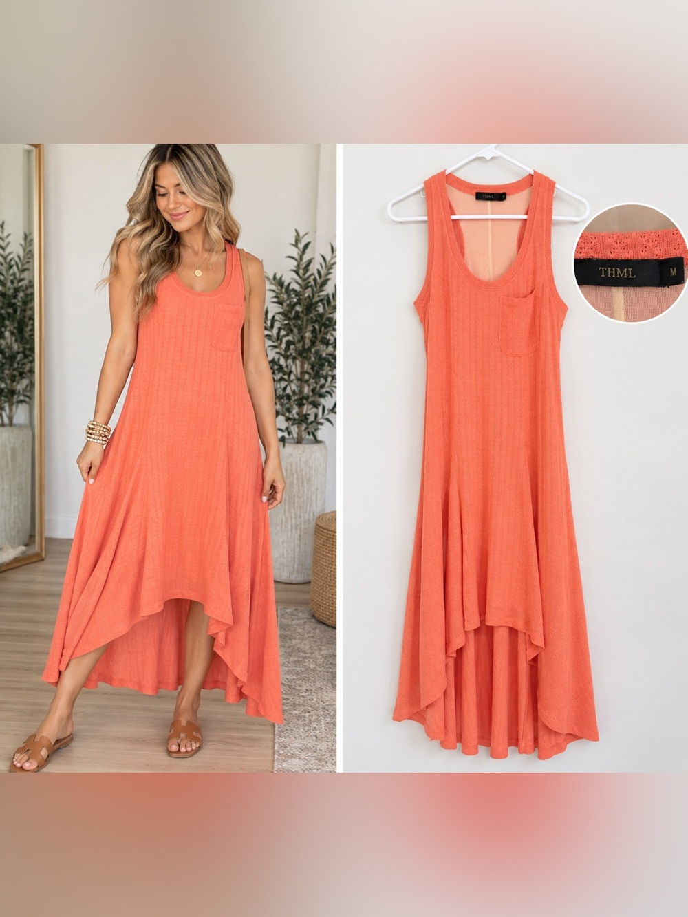 THML Coral High Low Maxi Dress Size M Sleeveless Pocket Boho Flowy